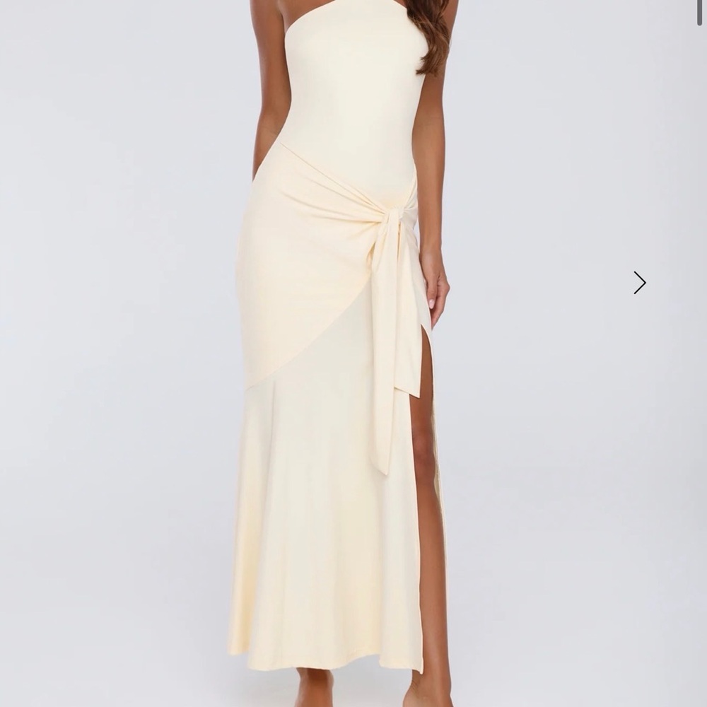 Hello Molly One-Shoulder Cream Tie-Waist Maxi Dress